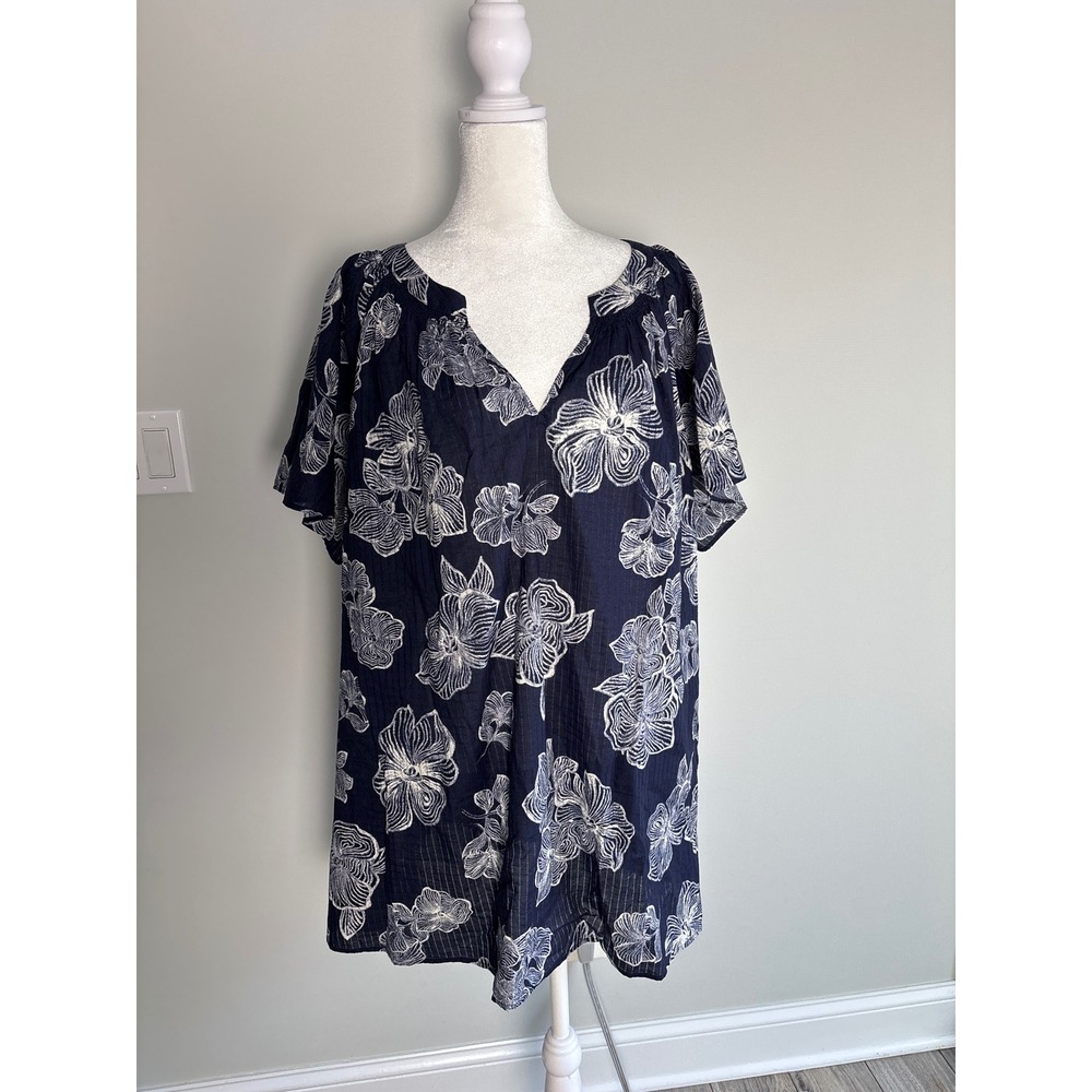 Lane Bryant Blouse Women 30/32 Blue Floral Boho Cotton Gauze Flutter Sleeve New